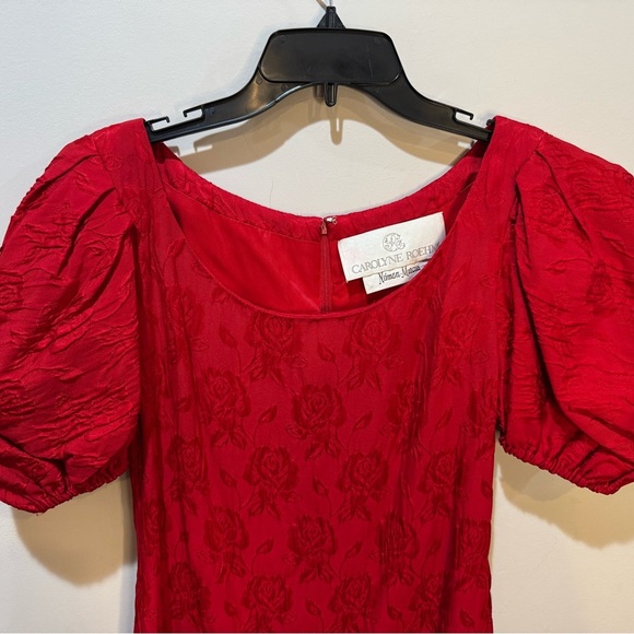 Carolyne Roehm for Neiman Marcus Vintage Dress Sz 8 Red Floral Puff Sleeves - Picture 7 of 13